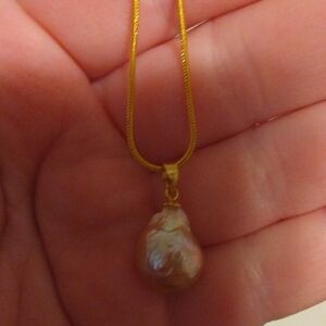 14k Gold Over Silver 13mm Rainbow Nacre Pink Pearl Pendant + Chain Necklace Set